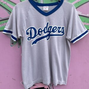 RAWLINGS 1980S MADE IN U.S.A DODGERS LOGO V NECK RINGER TEE, NUMBER 12 M.D. in BLUE, WHITE