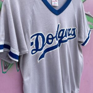 RAWLINGS 1980S MADE IN U.S.A DODGERS LOGO V NECK RINGER TEE, NUMBER 12 M.D. in BLUE, WHITE