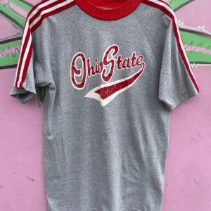 VELVA SHEEN 1970S-80S OHIO STATE 3 STRIPE SINGLE STITCH RINGER TEE in GREY, RED