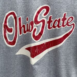 VELVA SHEEN 1970S-80S OHIO STATE 3 STRIPE SINGLE STITCH RINGER TEE in GREY, RED