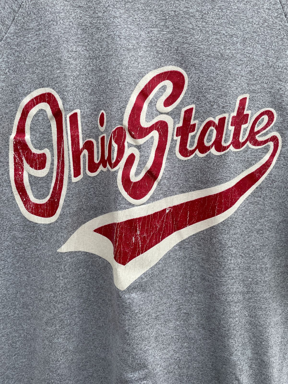 VELVA SHEEN 1970S-80S OHIO STATE 3 STRIPE SINGLE STITCH RINGER TEE in GREY, RED