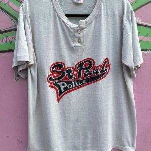 REACH 1980/90S ST. PAUL POLICE GRAPHIC HENLEY STYLE SINGLE STITCH TSHIRT in WHITE, RED, BLACK