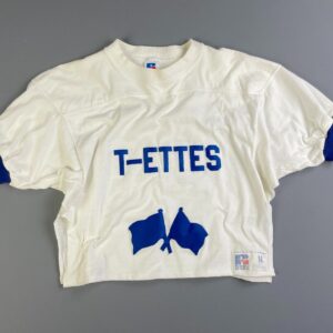 RUSSELL ATHLETIC COOL! 1970S EMBROIDERED, CROPPED & UPCYCLED RINGER SPORTS PRACTICE JERSEYS - T-ETTES DBL FLAG #93 JOHANNA in WHITE, BLUE