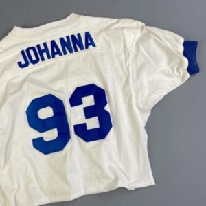 RUSSELL ATHLETIC COOL! 1970S EMBROIDERED, CROPPED & UPCYCLED RINGER SPORTS PRACTICE JERSEYS - T-ETTES DBL FLAG #93 JOHANNA in WHITE, BLUE