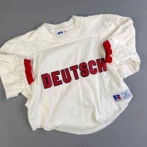 RUSSELL ATHLETIC RAD! 1970S EMBRDOIERED, CROPPED & UPCYCLED RINGER SPORTS PRACTICE JERSEYS - DEUTSCH #19 JO in WHITE, RED