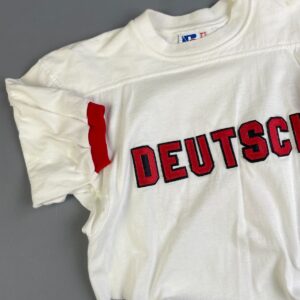 RUSSELL ATHLETIC RAD! 1970S EMBRDOIERED, CROPPED & UPCYCLED RINGER SPORTS PRACTICE JERSEYS - DEUTSCH #19 JO in WHITE, RED