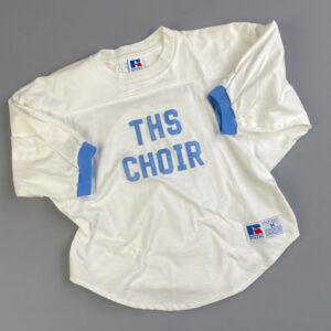 RUSSELL ATHLETIC *AS-IS* 1970S EMBROIDERED, CROPPED & UPCYCLED RINGER SPORTS PRACTICE JERSEYS - THIS CHOIR #19 JO in WHITE, BABY BLUE