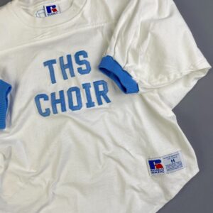 RUSSELL ATHLETIC *AS-IS* 1970S EMBROIDERED, CROPPED & UPCYCLED RINGER SPORTS PRACTICE JERSEYS - THIS CHOIR #19 JO in WHITE, BABY BLUE