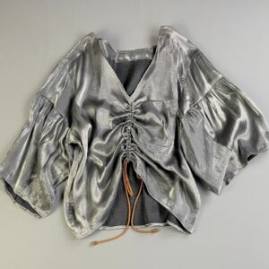 SO COOL! CUSTOM UPCYCLED SILVER IRIDESCENT RUCHED & TIE FLOWY BLOUSE in SILVER