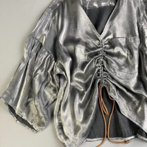 SO COOL! CUSTOM UPCYCLED SILVER IRIDESCENT RUCHED & TIE FLOWY BLOUSE in SILVER