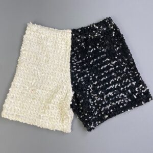 *AS-IS* AMAZING! CUSTOM HALF BLACK HALF WHITE SEQUIN STRETCHY KNIT SHORTS in BLACK, WHITE
