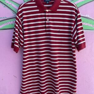 NAUTICA 1990S MADE IN CANADA 100% COTTON HORIZONTAL STRIPED POLO SHIRT EMBROIDERED LOGO in RED, WHITE