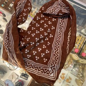 *AS-IS* LOVE! 100% COTTON MILK CHOCOLATE POLKA DOT BANDANA, GEOMETRIC BORDER in BROWN, WHITE