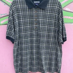 STRUCTURE CLASSIC! 100% COTTON TARTAN PLAID CONTRAST COLLAR QUARTER BUTTON SHORT SLEEVE POLO SHIRT in GREEN, NAVY