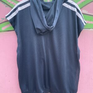 ADIDAS UNIQUE! PULLOVER SLEEVELESS HOODED JERSEY TOP, TRIPLE SIDE STRIPES in BLUE, WHITE
