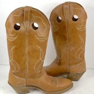 MADE IN USA TAN LEATHER CIRCLE CUT-OUT PULL-ON WESTERN COWBOY BOOTS in TAN