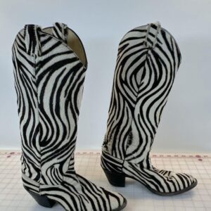 LARRY MAHAN WHOA!!!! UNREAL!!! SUPER TALL ZEBRA PONY HAIR COWBOY BOOTS, SIZE W8 / M6 in WHITE, BLACK