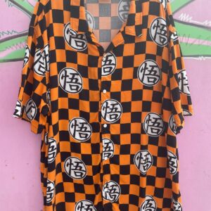 COOL! CHECKERED DRAGON BALL Z SHORT SLEEVE BUTTON DOWN SHIRT in ORANGE, BLACK