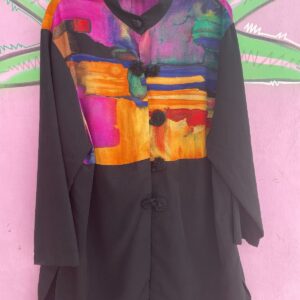 SHARON ANTHONY 1990S OVERSIZED SUNSET PRINT LONG SLEEVE BUTTON DOWN BLOUSE, UNIQUE BUTTONS in BLACK, PINK, YELLOW