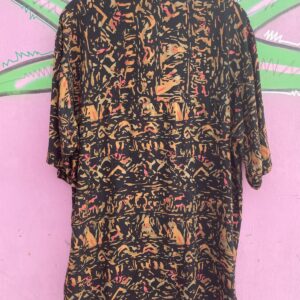 SUNSET HIGHWAY 1990S FUNKY PRINT RAYON SHORT SLEEVE BUTTON DOWN SHIRT in BLACK, ORANGE