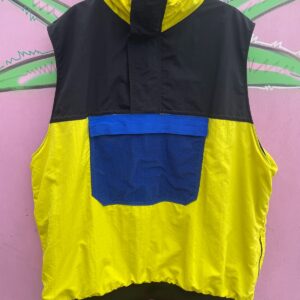 1990S COLOR BLOCK WINDBREAKER VEST W/ KANGAROO POCKET AND HOOD in YELLOW, BLACK, BLUE