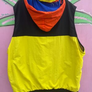 1990S COLOR BLOCK WINDBREAKER VEST W/ KANGAROO POCKET AND HOOD in YELLOW, BLACK, BLUE