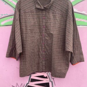 ANASTASIA PARIS 1990S MADE IN HK | WOVEN FABRIC DOLMAN 3/4 SLEEVE BUTTON DOWN BLOUSE, POP COLOR INTERIOR in PURPLE, TAN