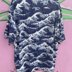 JAPANESE WAVE PRINT SHORT SLEEVE BUTTON UP SHIRT in BLUE, WHITE