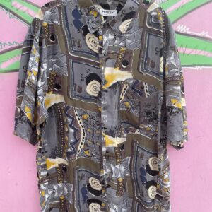 PORCINI 100% SILK FUNKY ABSTRACT PRINT SHORT SLEEVE BUTTON DOWN SHIRT in GREY, YELLOW