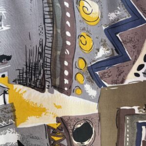 PORCINI 100% SILK FUNKY ABSTRACT PRINT SHORT SLEEVE BUTTON DOWN SHIRT in GREY, YELLOW