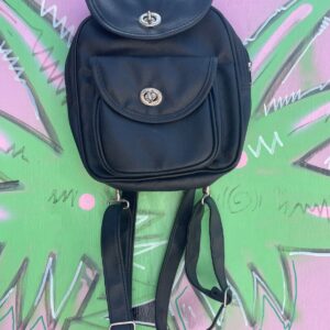 SUPER CUTE! 1990S FAUX LEATHER MINI BACKPACK, LOCKING CLOSURES in BLACK, SILVER