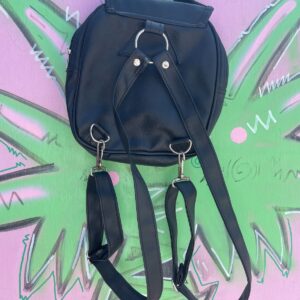 SUPER CUTE! 1990S FAUX LEATHER MINI BACKPACK, LOCKING CLOSURES in BLACK, SILVER