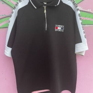 TOMMY SPORTS COOL! 1990S TOMMY SPORTS WAFFLE KNIT QUARTER ZIP SHIRT - SLEEVE LOGO in BLACK, WHITE