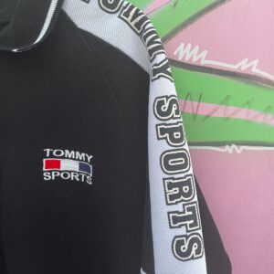 TOMMY SPORTS COOL! 1990S TOMMY SPORTS WAFFLE KNIT QUARTER ZIP SHIRT - SLEEVE LOGO in BLACK, WHITE