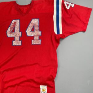 MACGREGOR PERFECTLY DISTRESSED AUTHENTIC 80'S JOHN STEPHENS NEW ENGLAND PATRIOTS SAND-KNIT #44 FOOTBALL JERSEY in RED, BLUE, WHITE