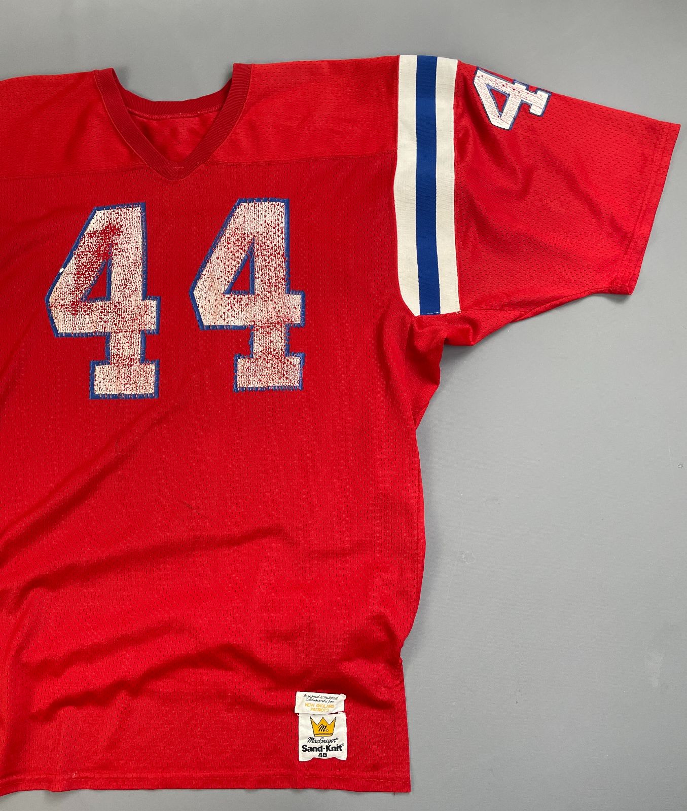 MACGREGOR PERFECTLY DISTRESSED AUTHENTIC 80'S JOHN STEPHENS NEW ENGLAND PATRIOTS SAND-KNIT #44 FOOTBALL JERSEY in RED, BLUE, WHITE