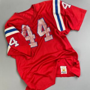 MACGREGOR PERFECTLY DISTRESSED AUTHENTIC 80'S JOHN STEPHENS NEW ENGLAND PATRIOTS SAND-KNIT #44 FOOTBALL JERSEY in RED, BLUE, WHITE