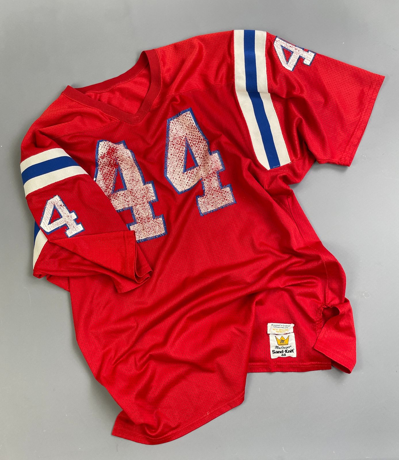 MACGREGOR PERFECTLY DISTRESSED AUTHENTIC 80'S JOHN STEPHENS NEW ENGLAND PATRIOTS SAND-KNIT #44 FOOTBALL JERSEY in RED, BLUE, WHITE