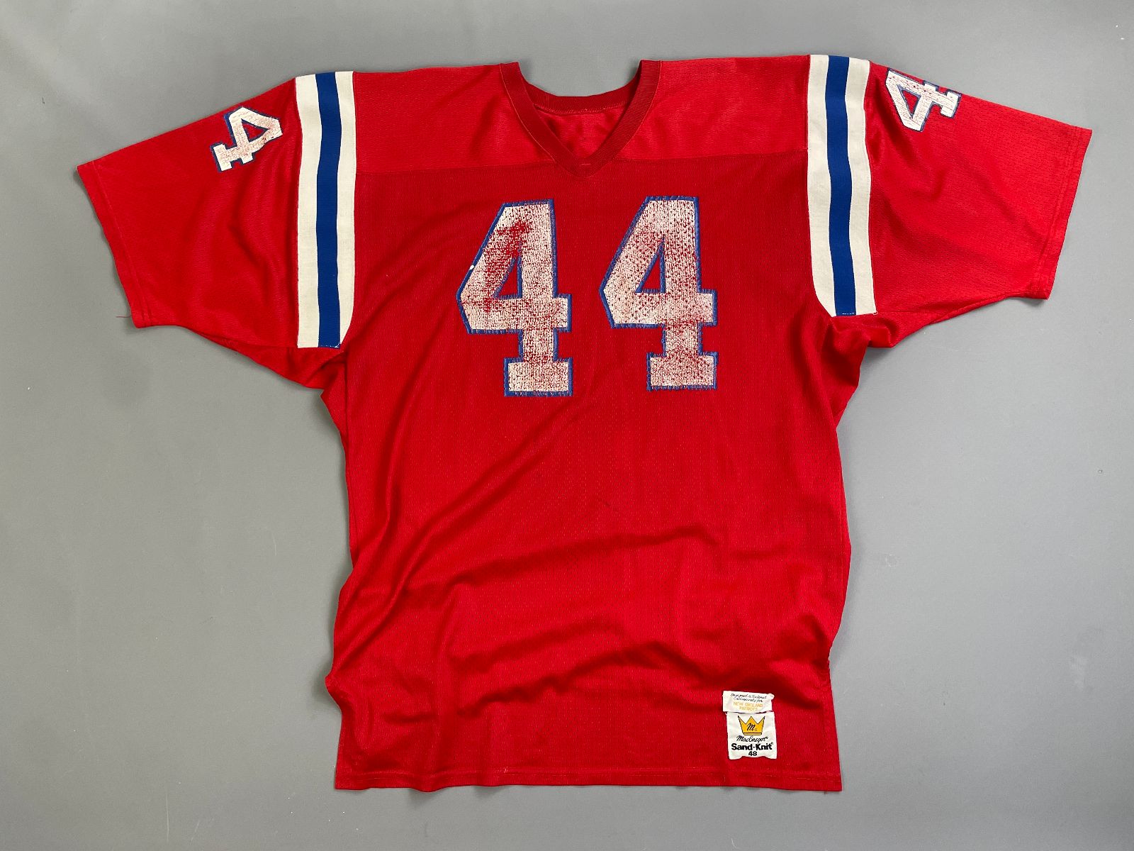 MACGREGOR PERFECTLY DISTRESSED AUTHENTIC 80'S JOHN STEPHENS NEW ENGLAND PATRIOTS SAND-KNIT #44 FOOTBALL JERSEY in RED, BLUE, WHITE