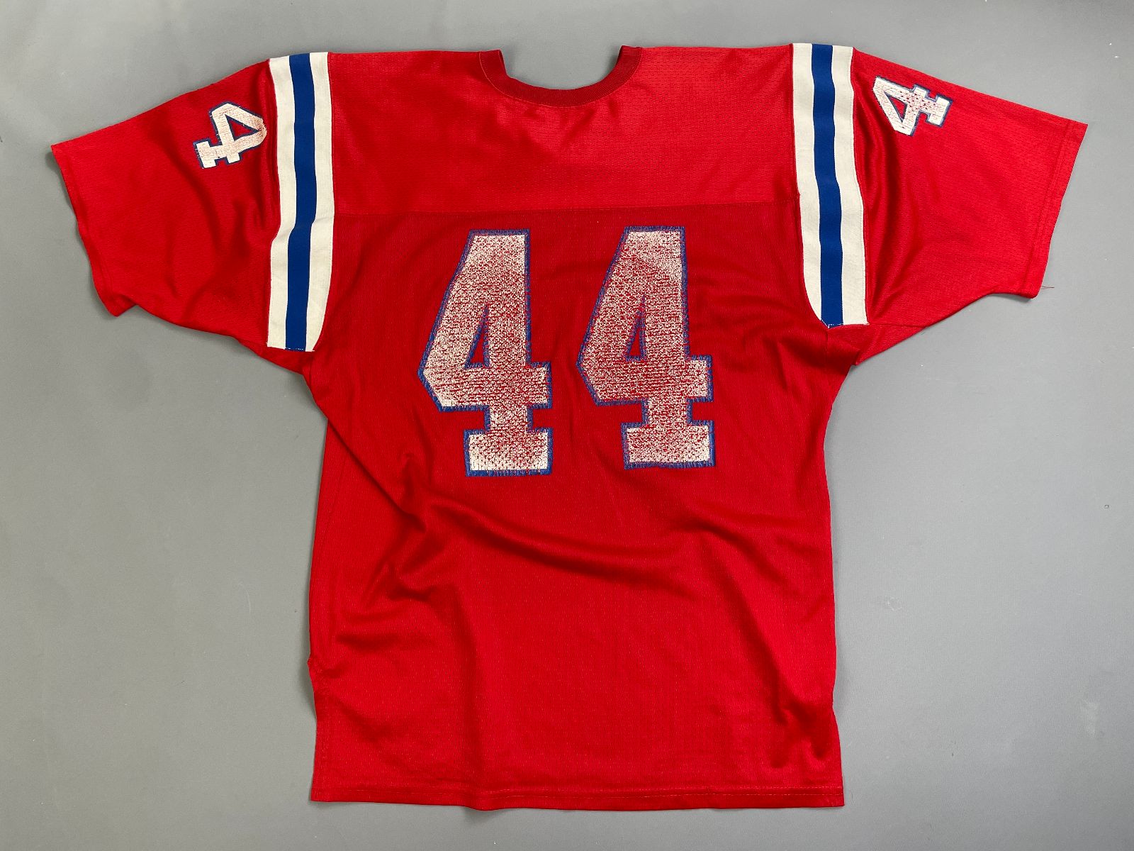 MACGREGOR PERFECTLY DISTRESSED AUTHENTIC 80'S JOHN STEPHENS NEW ENGLAND PATRIOTS SAND-KNIT #44 FOOTBALL JERSEY in RED, BLUE, WHITE