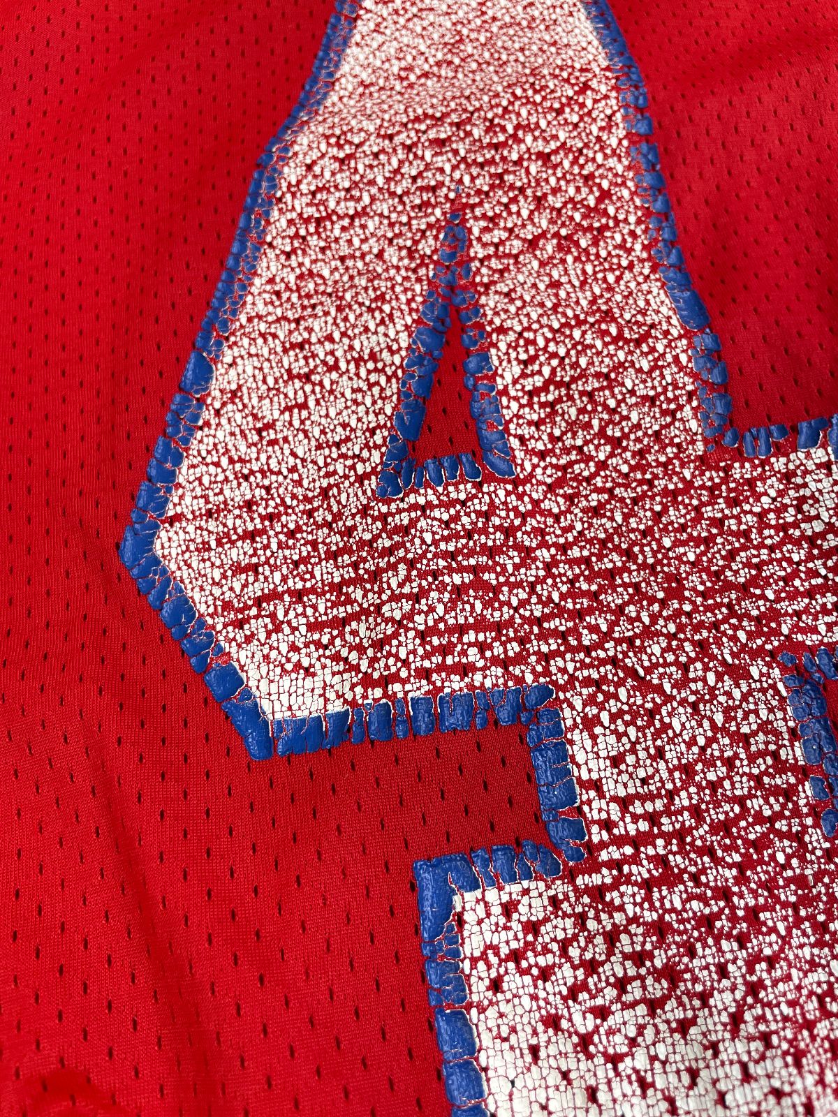 MACGREGOR PERFECTLY DISTRESSED AUTHENTIC 80'S JOHN STEPHENS NEW ENGLAND PATRIOTS SAND-KNIT #44 FOOTBALL JERSEY in RED, BLUE, WHITE