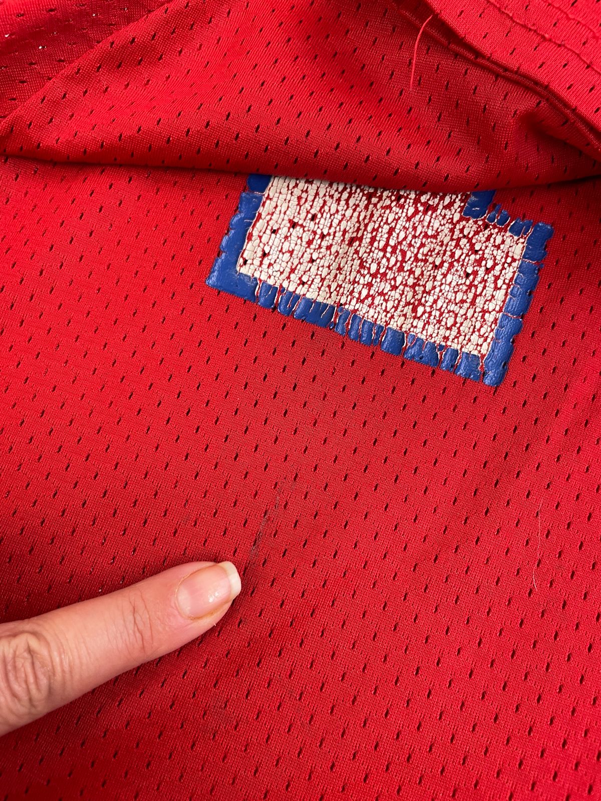 MACGREGOR PERFECTLY DISTRESSED AUTHENTIC 80'S JOHN STEPHENS NEW ENGLAND PATRIOTS SAND-KNIT #44 FOOTBALL JERSEY in RED, BLUE, WHITE