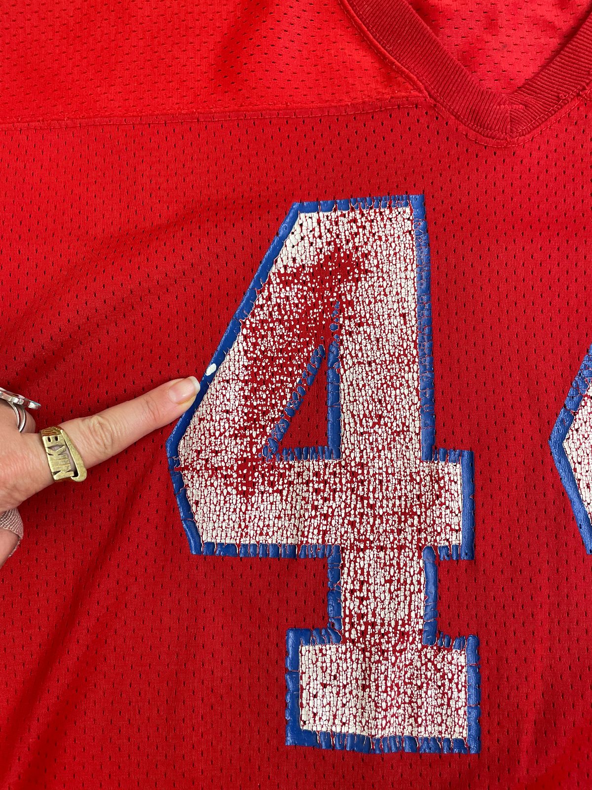 MACGREGOR PERFECTLY DISTRESSED AUTHENTIC 80'S JOHN STEPHENS NEW ENGLAND PATRIOTS SAND-KNIT #44 FOOTBALL JERSEY in RED, BLUE, WHITE
