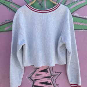 CHAMPION CROPPED HEATHER GREY REVERSE WEAVE V-NECK SWEATSHIRT, STRIPED COLLAR & CUFFS in GREY, RED