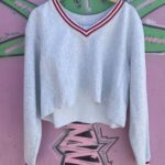 CROPPED HEATHER GREY REVERSE WEAVE V-NECK SWEATSHIRT, STRIPED COLLAR & CUFFS
