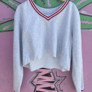 CHAMPION CROPPED HEATHER GREY REVERSE WEAVE V-NECK SWEATSHIRT, STRIPED COLLAR & CUFFS in GREY, RED