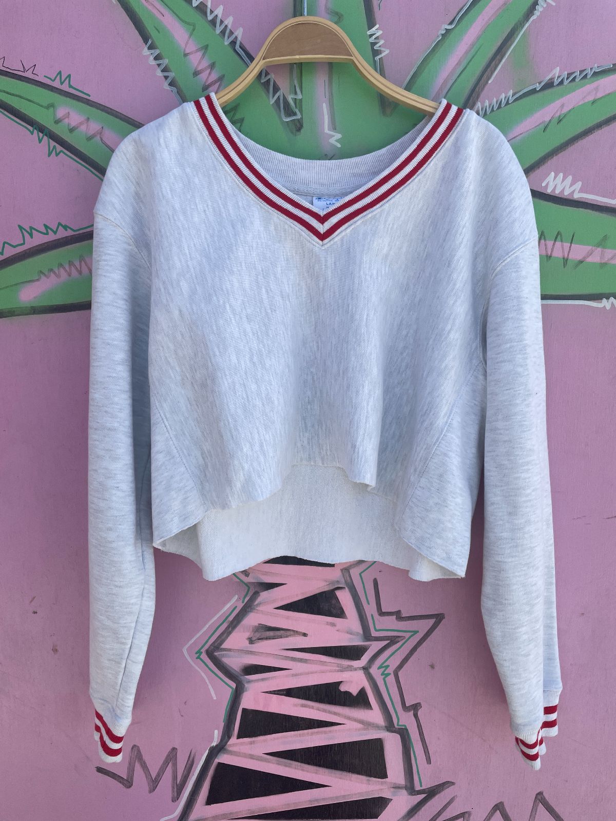 CHAMPION CROPPED HEATHER GREY REVERSE WEAVE V-NECK SWEATSHIRT, STRIPED COLLAR & CUFFS in GREY, RED