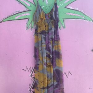 SHES COOL EARLY Y2K! SHEER FLOWY PAINTERLY PRINT DRESS RUCHED BODICE, SPAGHETTI STRAPS in PURPLE, YELLOW, GREY