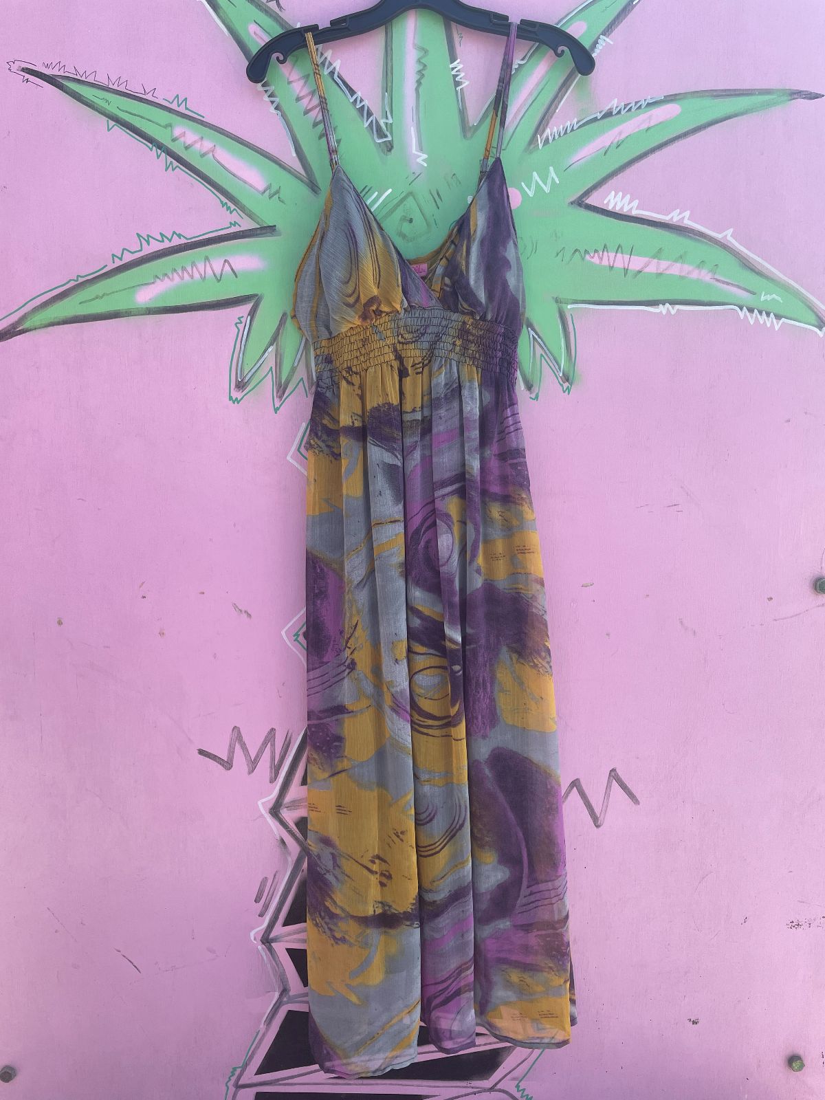 SHES COOL EARLY Y2K! SHEER FLOWY PAINTERLY PRINT DRESS RUCHED BODICE, SPAGHETTI STRAPS in PURPLE, YELLOW, GREY