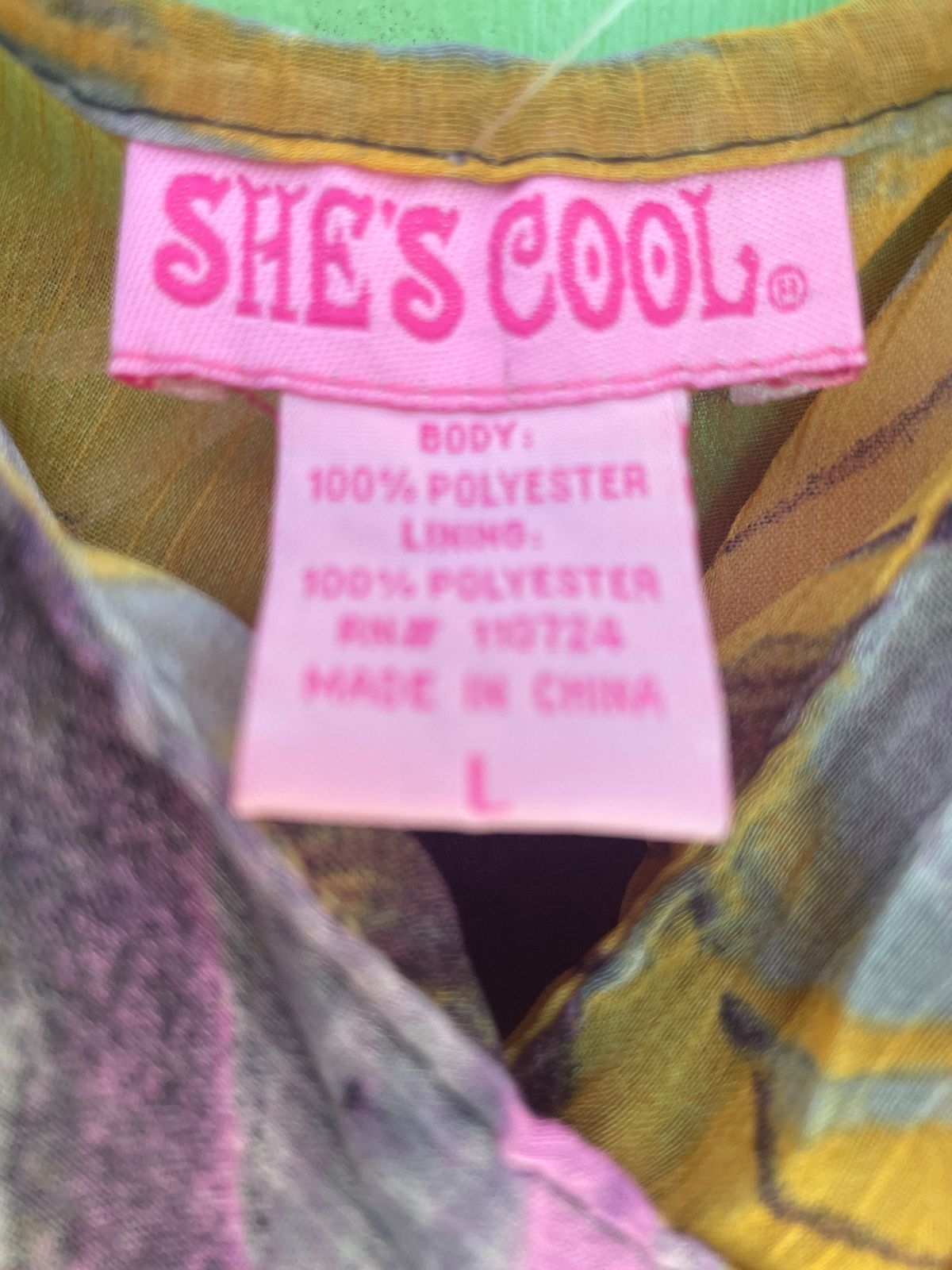 SHES COOL EARLY Y2K! SHEER FLOWY PAINTERLY PRINT DRESS RUCHED BODICE, SPAGHETTI STRAPS in PURPLE, YELLOW, GREY